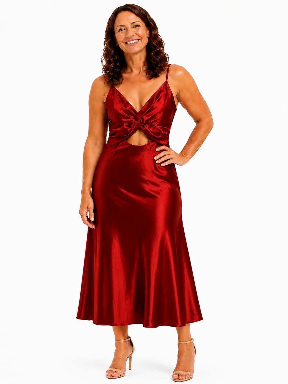 Nine West Women's Tandori Red Knot-Front Satin Maxi Dress